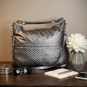 Steve Madden Pewter Metallic Woven Hobo Shoulder Bag